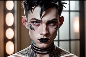 photo of a exquisitely beautiful pale skin goth british boy, black make-up, neck tattoo, black mascara, black lipstick, 23yo, photograph by Sanne van rozendaal, Thorough, analog style, eye focus, highest quality, (highly detailed skin), perfect face, alluring eyes, skin pores, (piercing:0.5), indoor, messy bedroom, (bokeh:0.6), sharp focus, dappled lighting, (backlighting:0.7), film grain, photographed on a Sony A7R IV, 18mm F/1.7 cine lens, (highly detailed, intricately detailed), 8k, HDR, posing, front view, (upper body:0.9)