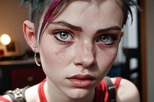 photo of a exquisitely beautiful pale skin punk french girl, 21yo, courtesane, photograph by Sanne van rozendaal, Thorough, analog style, eye focus, highest quality, (highly detailed skin), perfect face, alluring eyes, skin pores, (piercing:0.5), indoor, messy bedroom, (bokeh:0.6), sharp focus, dappled lighting, (backlighting:0.7), film grain, photographed on a Sony A7R IV, 18mm F/1.7 cine lens, (highly detailed, intricately detailed), 8k, HDR, posing, front view, (upper body:0.9)
