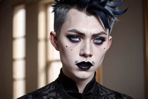 photo of a exquisitely beautiful pale skin goth Chinese man, black make-up, blue-grey pixie cut, black mascara, black lipstick, mohawk, grey eyes, satanist, 35yo, photograph by Sanne van rozendaal, Thorough, analog style, eye focus, highest quality, (highly detailed skin), perfect face, alluring eyes, skin pores, (piercing:0.5), indoor, messy bedroom, (bokeh:0.6), sharp focus, dappled lighting, (backlighting:0.7), film grain, photographed on a Sony A7R IV, 18mm F/1.7 cine lens, (highly detailed, intricately detailed), 8k, HDR, posing, front view, (upper body:0.9)