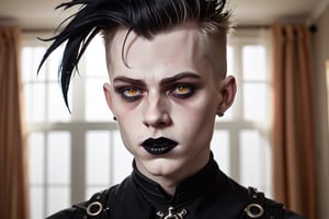 photo of a exquisitely beautiful pale skin goth Hungarian boy, black make-up, black mascara, black lipstick, mohawk, amber eyes, satanist, 25yo, photograph by Sanne van rozendaal, Thorough, analog style, eye focus, highest quality, (highly detailed skin), perfect face, alluring eyes, skin pores, (piercing:0.5), indoor, messy bedroom, (bokeh:0.6), sharp focus, dappled lighting, (backlighting:0.7), film grain, photographed on a Sony A7R IV, 18mm F/1.7 cine lens, (highly detailed, intricately detailed), 8k, HDR, posing, front view, (upper body:0.9)