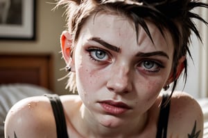 photo of a exquisitely beautiful pale skin punk french girl, 21yo, courtesane, photograph by Sanne van rozendaal, Thorough, analog style, eye focus, highest quality, (highly detailed skin), perfect face, alluring eyes, skin pores, (piercing:0.5), indoor, messy bedroom, (bokeh:0.6), sharp focus, dappled lighting, (backlighting:0.7), film grain, photographed on a Sony A7R IV, 18mm F/1.7 cine lens, (highly detailed, intricately detailed), 8k, HDR, posing, front view, (upper body:0.9)