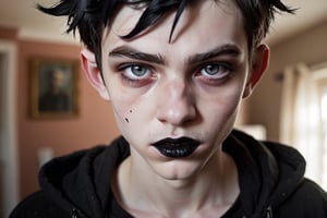 photo of a exquisitely beautiful pale skin goth italian boy, black make-up, black mascara, black lipstick, 13yo, photograph by Sanne van rozendaal, Thorough, analog style, eye focus, highest quality, (highly detailed skin), perfect face, alluring eyes, skin pores, (piercing:0.5), indoor, messy bedroom, (bokeh:0.6), sharp focus, dappled lighting, (backlighting:0.7), film grain, photographed on a Sony A7R IV, 18mm F/1.7 cine lens, (highly detailed, intricately detailed), 8k, HDR, posing, front view, (upper body:0.9)