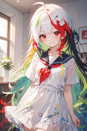 masterpiece, best quality, ultra detailed, extremely detailed, wallpaper, cowboy shot, (red eyes), (sidelocks, slicked back hair, long hair, white hair with the inside of the hair dyed a beautiful red color), (1girl, solo, long hair, blush, hair ornament, white hair, ahoge, blue hair, yellow hair, black hair, red hair, green hair, multicolored hair, arm open, smile, happy, cute, pattern clothing, two-tone hair, sailor dress)