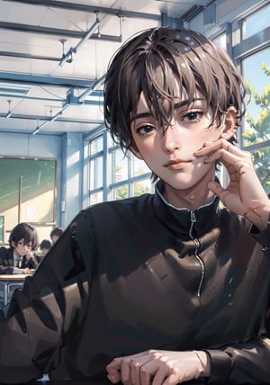 (masterpiece,  best quality:1.4), an painting of Yoshida Hirofumi, male, School Classroom,  best hands, perfect hands, perfect, daylight,High detailed