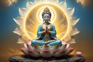 In the sky, there are white clouds,A Guanyin with eyes closed and hands clasped in prayer,Sitting on the lotus platform, A golden light behind the back,realistic image, full body view, taken with Canon 1DX camera
(masterpiece), (top quality), (best quality), (official art), (beautiful and aesthetic:1.2), (stylish pose), (fractal art:1.3), (pastel theme: 1.2), ppcp, perfect,moonster,more detail XL