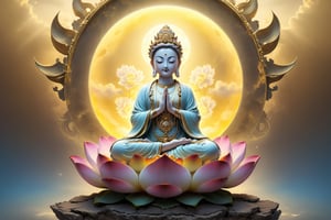 In the sky, there are white clouds,A Guanyin with eyes closed and hands clasped in prayer,Sitting on the lotus platform, A golden light behind the back,realistic image, full body view, taken with Canon 1DX camera
(masterpiece), (top quality), (best quality), (official art), (beautiful and aesthetic:1.2), (stylish pose), (fractal art:1.3), (pastel theme: 1.2), ppcp, perfect,moonster,more detail XL