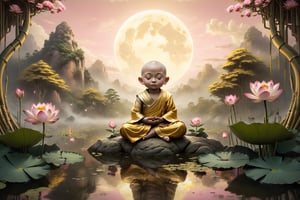 In the light golden sky, there are white clouds,  A little monk about 10 years old,a solemn and kind appearance, his eyes closed,
With hands clasped together, he sat on a lotus platform on a mountain, surrounded by a golden bamboo forest and a small pond with pink lotuses growing there.A golden light behind the back,realistic image, full body view, taken with Canon 1DX camera
(masterpiece), (top quality), (best quality), (official art), (beautiful and aesthetic:1.2), (stylish pose), (fractal art:1.3), (pastel theme: 1.2), ppcp, perfect,moonster,more detail XL