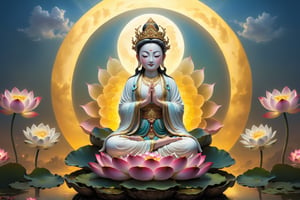 In the sky, there are white clouds,A Guanyin with eyes closed and hands clasped in prayer,Sitting on the lotus platform, A golden light behind the back,realistic image, full body view, photorealistic, high resolution, 1girl, photo of one of the most well-known figures in Chinese mythology and religion, Guanyin (觀音) is the goddess of mercy and compassion,A colourful lotus pond in the background,
 Guanyin is most commonly depicted as a woman in white robes. ((Full body Ethereal, Ethereal and Delicate Artwork)), vibrant colors, contrasting shadows, aura_glowing, colored_aura, transparent_clothing,guanyin,taken with Canon 1DX camera
(masterpiece), (top quality), (best quality), (official art), (beautiful and aesthetic:1.2), (stylish pose), (fractal art:1.3), (pastel theme: 1.2), ppcp, perfect,moonster,more detail XL