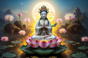 In the sky, there are white clouds,A Guanyin with eyes closed and hands clasped in prayer,Sitting on the lotus platform, A golden light behind the back,realistic image, full body view, photorealistic, high resolution, 1girl, photo of one of the most well-known figures in Chinese mythology and religion, Guanyin (觀音) is the goddess of mercy and compassion,A colourful lotus pond in the background,
 Guanyin is most commonly depicted as a woman in white robes. ((Full body Ethereal, Ethereal and Delicate Artwork)), vibrant colors, contrasting shadows, aura_glowing, colored_aura, transparent_clothing,guanyin,taken with Canon 1DX camera
(masterpiece), (top quality), (best quality), (official art), (beautiful and aesthetic:1.2), (stylish pose), (fractal art:1.3), (pastel theme: 1.2), ppcp, perfect,moonster,more detail XL