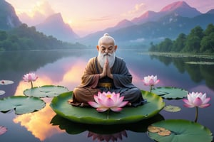  In the sky, there are white clouds,A thin old monk with a white beard, a solemn and kind appearance, his eyes closed, With hands clasped together, he sat on a lotus platform , on the lake.pink lotus.