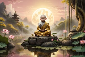 In the light golden sky, there are white clouds,  A little monk about 10 years old,a solemn and kind appearance, his eyes closed,
With hands clasped together, he sat on a lotus platform on a mountain, surrounded by a golden bamboo forest and a small pond with pink lotuses growing there.A golden light behind the back,realistic image, full body view, taken with Canon 1DX camera
(masterpiece), (top quality), (best quality), (official art), (beautiful and aesthetic:1.2), (stylish pose), (fractal art:1.3), (pastel theme: 1.2), ppcp, perfect,moonster,more detail XL
