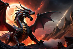 dragon and tyranasrous rex_hybrid spawned from the heavens, menicing, fearsome, angry, roaring, dark black and red cosmic sky,  looming cosmic landscape, smoke and fog.,glitter,dragon
