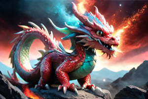 dragon and tyranasrous rex_hybrid spawned from the heavens, menicing, fearsome, angry, roaring, dark black and red cosmic sky,  looming cosmic landscape, smoke and fog.,glitter,dragon