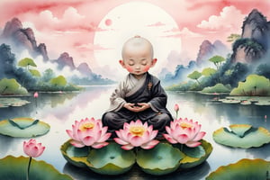 chinese ink drawing, In the sky, there are white clouds,A thin little monk about 10 years old, a solemn and kind appearance, his eyes closed, With hands clasped together, he sat on a lotus platform , on the lake.pink lotus.