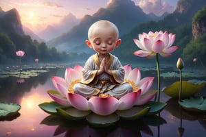  In the sky, there are white clouds,A thin little monk about 10 years old, a solemn and kind appearance, his eyes closed, With hands clasped together, he sat on a lotus platform , on the lake.pink lotus.