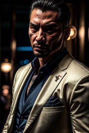 masterpiece, excellent quality, 8k, photo realistic man, Japanese, yakuza, tattoo on face, close-up, thriller style, aggressive pose, modern black and white Gucci suit, photorealistic, highly detailed, intricate, incredibly detailed, super detailed, soft lights and shadows,Germany Male, 