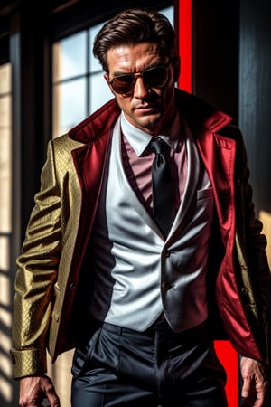 masterpiece, excellent quality, 8k, photo realistic man, chinese, red sunglasses, close-up, thriller style, aggressive pose, modern black and white Gucci suit, photorealistic, highly detailed, intricate, incredibly detailed, super detailed, soft lights and shadows,Germany Male