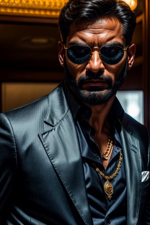 masterpiece, excellent quality, 8k, photo realistic man, indian, beard, round sunglasses, gold chain, gemstone rings, close-up, thriller style, aggressive pose, modern black and white Armani suit, photorealistic, highly detailed, intricate, incredibly detailed, super detailed, soft lights and shadows,Germany Male