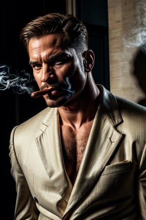 masterpiece, excellent quality, 8k, photo realistic man, Cuban, smoking cigar, smoke, close-up, thriller style, aggressive pose, modern black and white Gucci suit, photorealistic, highly detailed, intricate, incredibly detailed, super detailed, soft lights and shadows,Germany Male, 