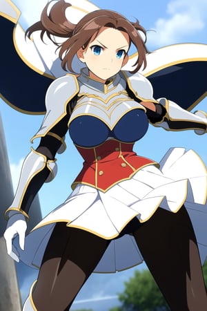 (masterpiece, best quality), hijikataSK, solo, brown hair, ponytail, long hair, v-shaped eyebrows, blue eyes, large breasts, bouncing breasts, breasts, pauldrons, shoulder armor, armor, gauntlets, white gloves, white skirt, sheath, black pantyhose, greaves, armored boots, pantyhose, closed mouth