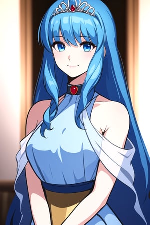 (masterpiece, best quality), highly detailed background, perfect lightingbest quality, maiaPS, solo, light blue hair, tiara, gem, circlet, bangs, long hair, makeup, blue eyes, choker, collar, jewelry, breasts, blue dress, long dress, sleeveless, bare shoulders, shoulder cutout, clothing cutout, smile, closed mouth, pink lips.