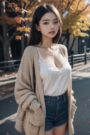 1girl, college campus, fall leaves, wearing light oversized cardigan over a lacy camisole showing subtle cleavage, slender, academic charm, nostalgic, loveholic, (Masterpiece, Photorealistic, 8K resolution, Ultra High Quality, Incredibly Detailed, Cinematic lighting, Perfect anatomy, RAW), , , , , , 