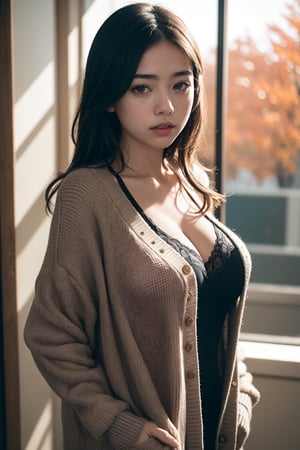 1girl, college campus, fall leaves, wearing light oversized cardigan over a lacy camisole showing subtle cleavage, slender, academic charm, nostalgic, loveholic, (Masterpiece, Photorealistic, 8K resolution, Ultra High Quality, Incredibly Detailed, Cinematic lighting, Perfect anatomy, RAW), , , , , , ,realistic