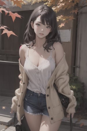 1girl, college campus, fall leaves, wearing light oversized cardigan over a lacy camisole showing subtle cleavage, slender, academic charm, nostalgic, loveholic, (Masterpiece, Photorealistic, 8K resolution, Ultra High Quality, Incredibly Detailed, Cinematic lighting, Perfect anatomy, RAW), , , , , , ,realistic,highres