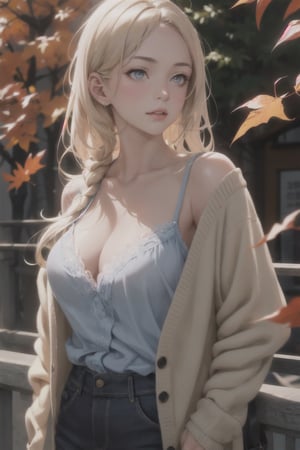 1girl, college campus, fall leaves, wearing light oversized cardigan over a lacy camisole showing subtle cleavage, slender, academic charm, nostalgic, loveholic, (Masterpiece, Photorealistic, 8K resolution, Ultra High Quality, Incredibly Detailed, Cinematic lighting, Perfect anatomy, RAW), , , , , , ,realistic,highres