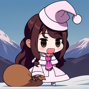 masterpiece, best quality, highres, aaflare, tan skin, long wavy hair, no bangs, hair bobbles, brown eyes, pink ascot, white capelet, cleavage, white dress, long sleeves, white thighhighs, , cowboy shot, standing, outdoors in winter,Padoru_Meme, open mouth