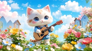 Chibi mascot includes the best quality, Beautiful soft light, (beautiful and delicate eyes), very detailed, Cute Kitten wears casual, playing the guitar in the flowers bloom garden, full body, real photo, cinematic,Xxmix_Catecat, lighting bokeh and flowers bokeh as background, blue sky and white clouds