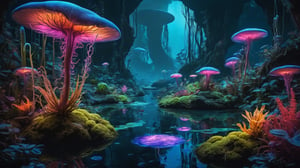 An otherworldly garden with colorfull bioluminescent plants and floating terrains, inhabited by strange, ethereal creatures glowing in the twilight.