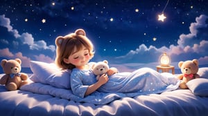 In a peaceful scene under the stars, a beautiful girl lies on a soft bed, wearing comfortable nightgown and sleepwear to help her relax after a long day. Covered by a soft and fluffy quilt, it is comfortable and enjoyable. Pajamas and pajamas are made of soft and comfortable fabrics to provide maximum comfort, with a beloved teddy bear in your arms symbolizing warmth, security and childhood nostalgia. The background is set against the vast starry sky, creating a tranquil and dreamy atmosphere. Twinkling stars light up the night, evoking feelings of calm and tranquility.