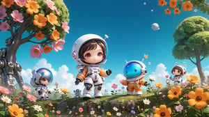 3D IP\(hubgstyle)\,
masterpiece, best quality,8K,official art, ultra high res, 1girl,chibi, full body, robot, astronauts outdoors, flowers, trees,