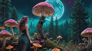 Magical forest full of giant mushrooms in vivid colors. Big half moon in the background. Wallpaper. Flower petals blow in the wind. work of beauty and complexity,  ghostcore, prismatic glow elements, fluidity, detailed face, 8k UHD, alberto seveso style, flower petals flying with the wind,steampunk style,inst4 style