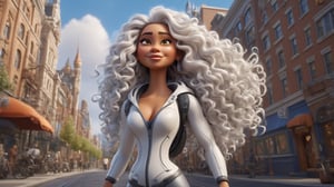 full body, expressive caricature in Pixar style, unreal, mischievous, beautiful girl with long curly white  hair, city street, dynamic pose, cartoon art, trending style on artstation, sharp focus, studio photography, intricate details, very detailed, by Greg Rutkowski, sharp focus, depth of field, unreal engine, perfect composition, art station, 8k, hdr, 

cyborg style, Movie Still
