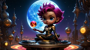 Best quality, high-res photo, steampunk style Marvel Spiderman DJ the night club, high-detailed, plays DJ instrument so passionly, steampunk style, chibi, DJ instrument, gears panels, DJ headphone , crowd background, sparks, sparkling, 3d style,chibi,

Earth, Moon, and Sun in a syzygy, aligned amidst the vast cosmos, with a solar eclipse casting a sharp shadow on Earth.Style: Photorealism fused with gothic sci-fi and Baroque, drawing inspiration from Beksinski and Caravaggio. This approach emphasizes the ethereal vastness around the alignment, adorned with fractal patterns and cosmic colors.Details: 1girl sitting. Earth foregrounded as a delicate blue marble, shadowed subtly to highlight continents and oceans. The Moon in different positions, casts a dark umbra on Earth, depicting the path of totality. The Sun, in radiant purple and magenta, forms a stunning corona effect around the Moon.Composition: The celestial bodies are aligned against a backdrop of space, enriched with Beksinski-like surrealism and Caravaggio-inspired chiaroscuro, enhancing the scene's dramatic and mysterious quality.Render: 8K UHD, HDR, focusing on depth and clarity. The detailed rendering showcases the syzygy's precision, black theme, dark, night mode
,chibi,chibi style