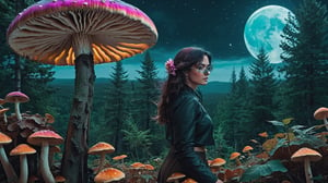 Magical forest full of giant mushrooms in vivid colors. Big half moon in the background. Wallpaper. Flower petals blow in the wind. work of beauty and complexity,  ghostcore, prismatic glow elements, fluidity, detailed face, 8k UHD, alberto seveso style, flower petals flying with the wind,steampunk style,inst4 style