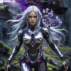 Russian girl with long silver hair in a dynamic pose,cybernetic body, machine elements, purple smokes in the air,moss flowers heavenly light fairy, cinematic moviemaker style,exosuit