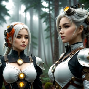 (masterpiece), (anime style), (ultra detailed), (beautiful), (UHD, HDR), (8k), (highres:1.2), (intricate and beautiful:1.2), (dramatic lighting:1.2), a steampunk highly detailed mech, walking with a woman in a misty forest, white hair, detailed clothes, grainy photo, shallow depth of field,Extremely Realistic