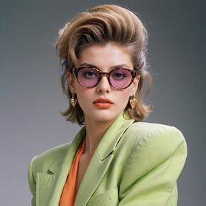 But the 80s left their mark on the world of fashion. The era of "shoulder pads" and eccentric hairstyles, flashy accessories such as glasses and bright colors became a time of glamorous experimentation and eccentricity. Fashion became an expression of individuality and boldness. During this period styles, colors and textures were mixed, fashion became a true work of art.,Extremely Realistic,cinematic style