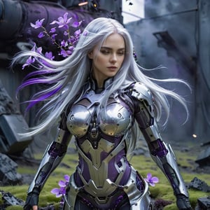 Russian girl with long silver hair in a dynamic pose,cybernetic body, machine elements, purple smokes in the air,moss flowers heavenly light fairy, cinematic moviemaker style,exosuit

