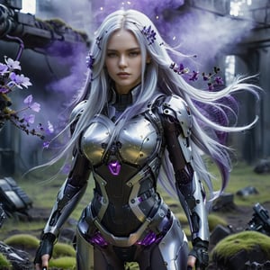 Russian girl with long silver hair in a dynamic pose,cybernetic body, machine elements, purple smokes in the air,moss flowers heavenly light fairy, cinematic moviemaker style,exosuit