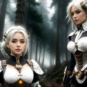 (masterpiece), (anime style), (ultra detailed), (beautiful), (UHD, HDR), (8k), (highres:1.2), (intricate and beautiful:1.2), (dramatic lighting:1.2), a steampunk highly detailed mech, walking with a woman in a misty forest, white hair, detailed clothes, grainy photo, shallow depth of field