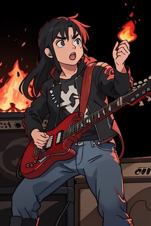 metalhead boy, long black hair, playing a guitar, singing to loud, metallica, thrash metal, leather jacket, jeans, boots, red guitar, fire, spiked shapped guitar



