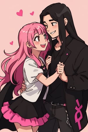 a happy couple, metalhead boy, black long hair, black clothes, the girl has a short pink hair, and black and pink clothes, love
