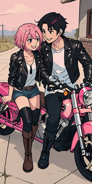 A happy couple on a motorcycle, harley davidson, (the has a long black hair, wears a leather jacket and boots, metlahead boy), (the woman has a short and pink hair, also wears a leather jacket and boots), red bike


,ANIME 
