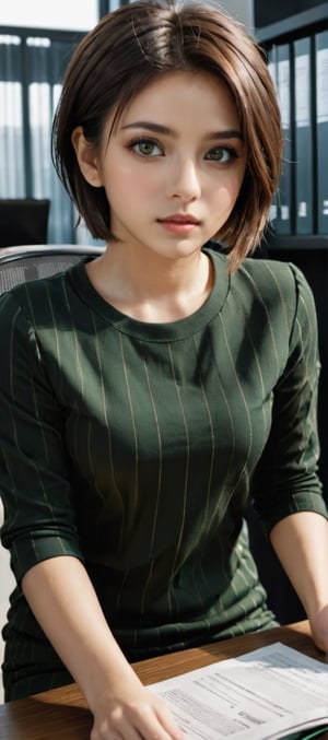 ((Top quality)), ((Masterpiece)), girl with neat hairstyle, ((full body shot,)) green horizontal striped t-shirt, beautiful eyes, (brown eyes), black short hair, intricate details, very detailed eyes , small mouth, medium breasts, movie image, soft light lighting, perfect face, provocative pose, strong charisma, wearing a dark brown suit, sitting on a chair at work and looking at documents,