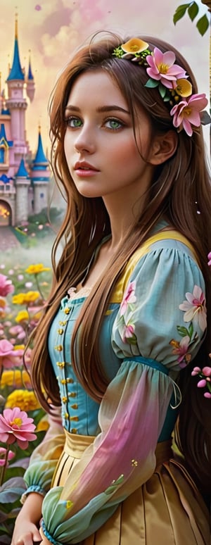Masterpiece, top quality, top quality, art, detail 1 girl, long brown hair, hair and flowers, yellow and pink gradation, foggy borderless, sad brown eyes staring into space, dim full-body photos, Disney style,BugCraft