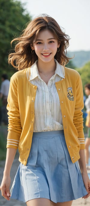 Girl 1, ultra high definition, windblown hair, brown eyes, brown hair, delicate facial features, eye smile, {{{masterpiece}}}, {{highest quality}}, high resolution, high definition, natural movements in everyday life, idol style Outfit, yellow horizontal striped collar T-shirt, shoes, summer cardigan, short jacket, skirt, blouse,